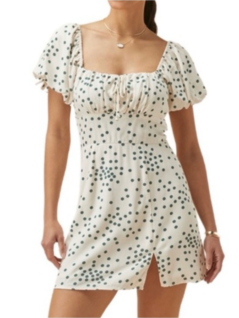 MI AMI Francesca's Ivory with Green Polka Dots Dress, Large